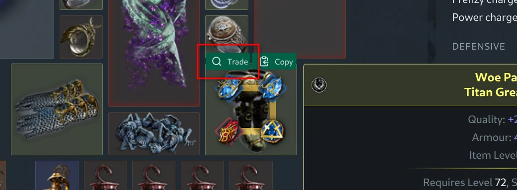 Trade button revealed on hover above an equipped item