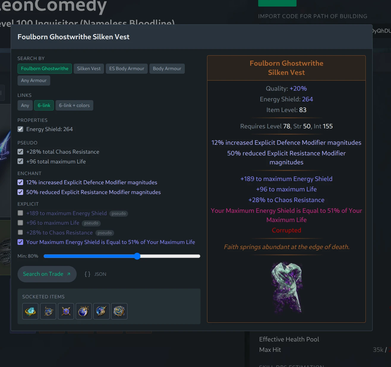 Trade search dialog on a six-link Ghostwrithe with Links option and socketed gem icons