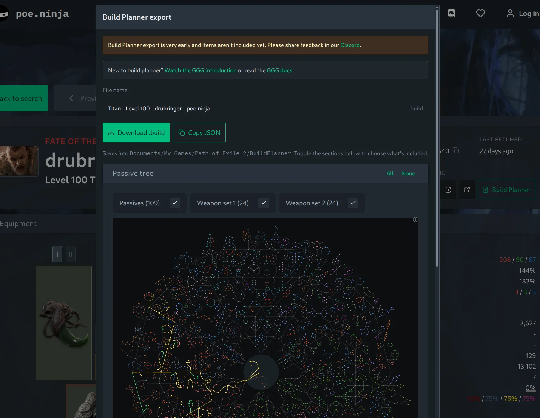 Build Planner export dialog with the passive tree and skills sections