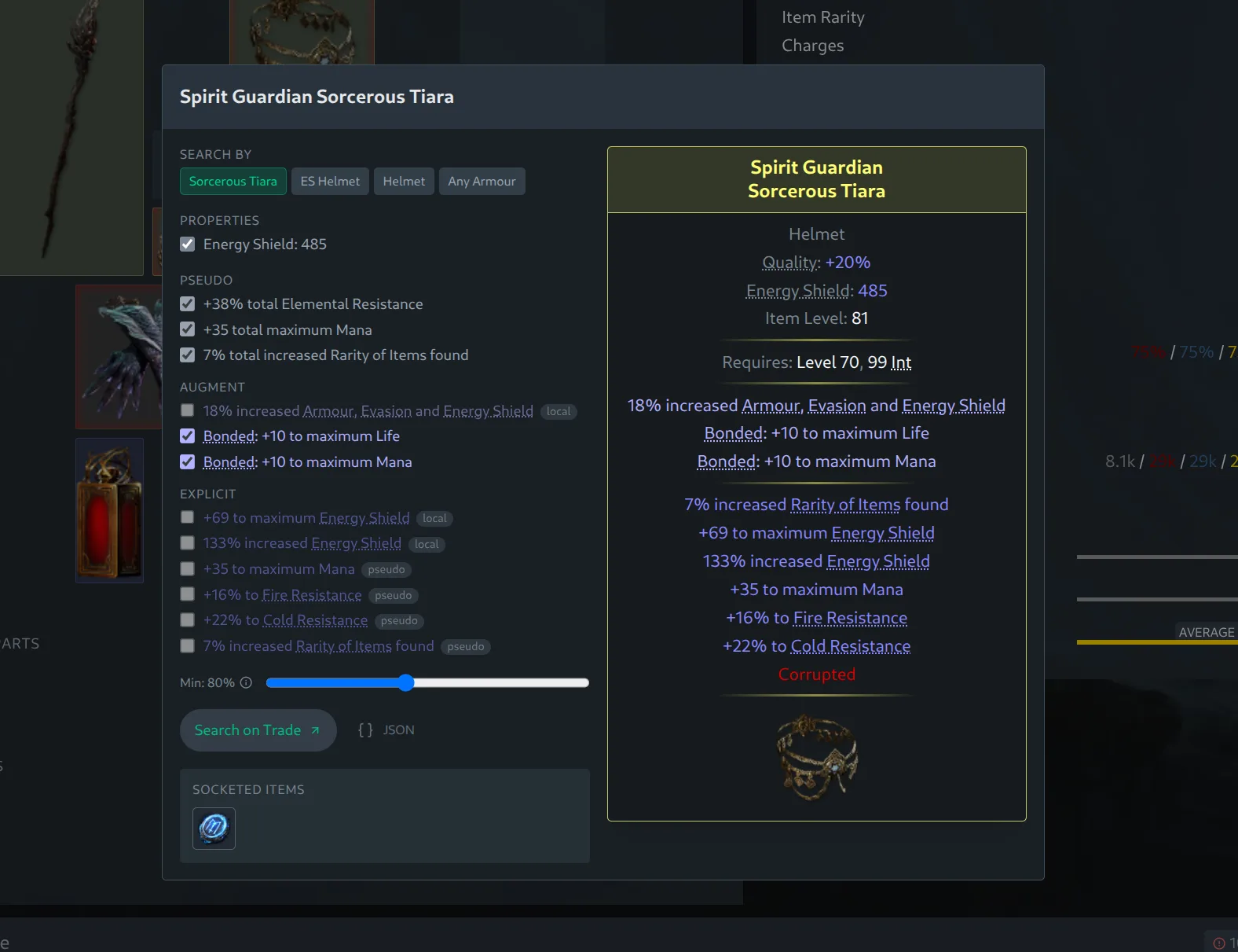 Trade search dialog on a rare item with mods grouped by category, Search by options and property filters