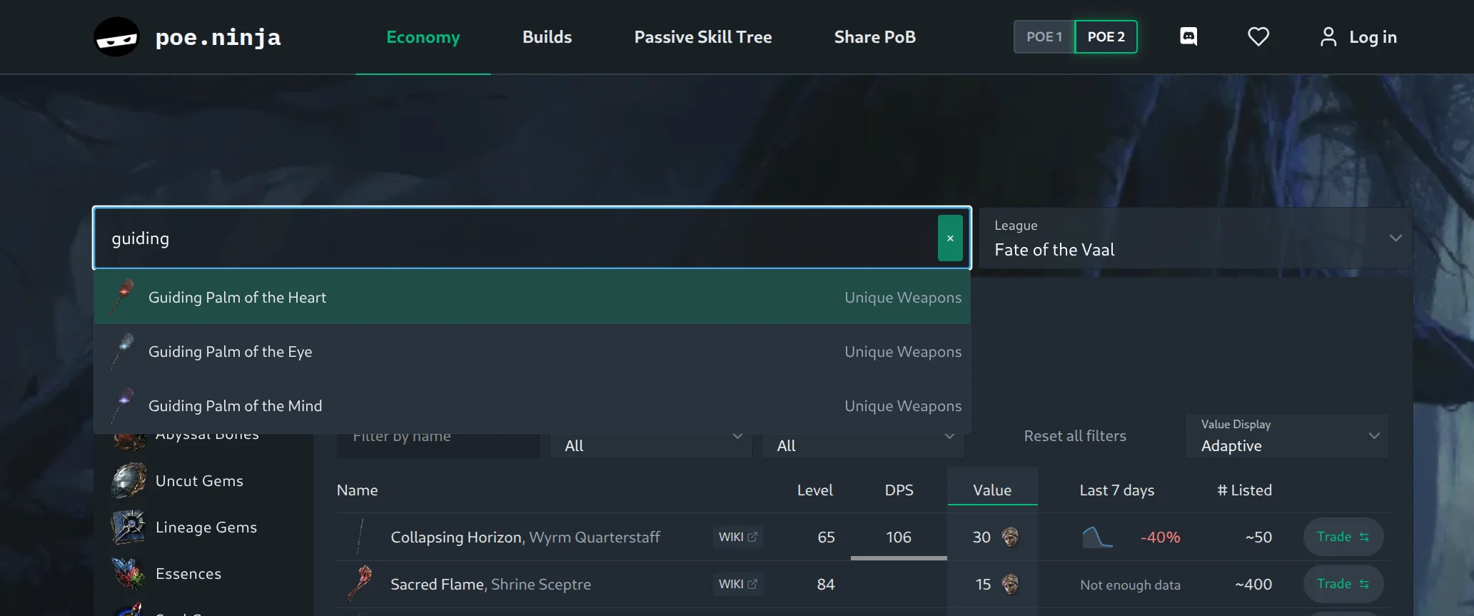 Global Economy search matching a unique item name and jumping to the filtered overview